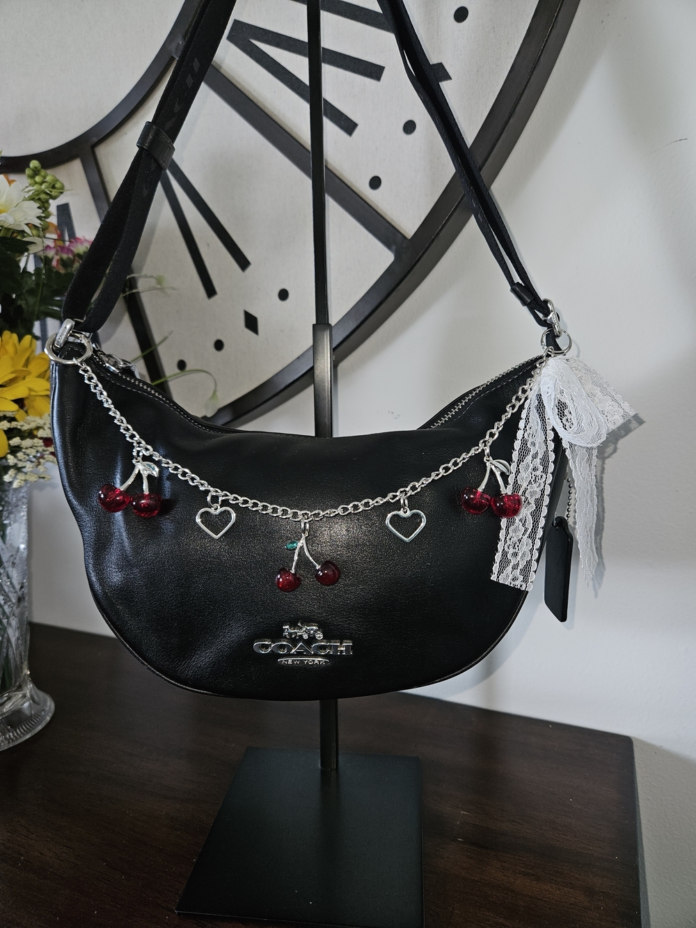 COACH Pace Black Leather Shoulder Bag with Cherry Charm